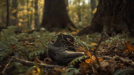 Old leather shoes left on the forest floor