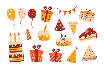 Festive Birthday Celebration: A collection of vibrant birthday elements including balloons, gifts, a cake, party hats, and festive decorations, perfect for celebrating special moments.