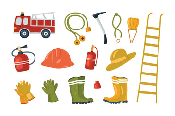 Firefighter's Essentials: A collection of essential tools and equipment used by firefighters, meticulously arranged to showcase the preparedness and readiness required for their heroic duties.
