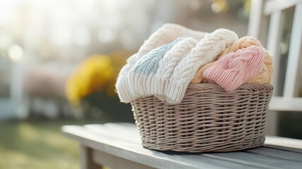 Hand-knitted pastel sweaters in vintage wicker basket on weathered wooden bench in garden.