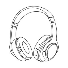 Vector line art of over-ear headphones with padded ear cups, minimalist contour illustration in black and white