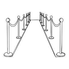 Vector line art of a red carpet with velvet ropes and stanchions, stylized cinema or gala entrance in black and white outline