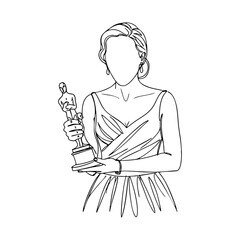 Vector line art of elegant woman holding an award statue in gown, faceless minimalistic sketch