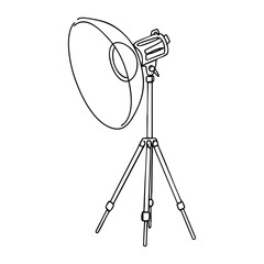 Vector line art of professional studio spotlight on tripod, photography or film lighting equipment in black outline style