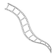 Vector line art of a curved strip of film with blank frames, creative stylized movie reel in minimal black outline