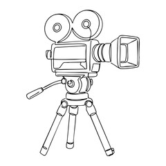 Vector line art of vintage film camera on tripod with dual reels, classic cinema equipment in black and white outline