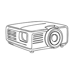 Vector line art of multimedia projector with lens and ventilation detail, outlined drawing of modern film equipment