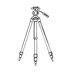 Vector line art of a professional tripod with adjustable legs and handle, black outline illustration on white