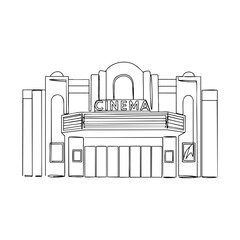 Vector line art of a classic cinema building with marquee, entrance doors and retro architecture, black outline style