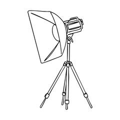 Vector line art of a professional studio light on a tripod stand, black outline drawing of photography lighting gear