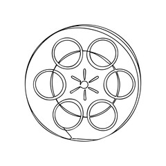 Vector line art of classic film reel with six circular frames and central spindle, minimal black outline on white
