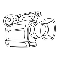 Vector line art of a vintage film camera with large lens, side handle and dual reels, outlined in black on white
