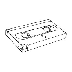 Vector line art of a VHS cassette tape with visible reels and rectangular shape, detailed black outline drawing