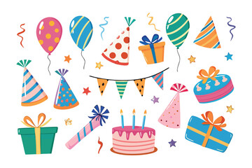 Festive Celebration Elements: A vibrant assortment of birthday elements, including balloons, party hats, gifts, cake, and streamers. Perfect for celebratory designs.