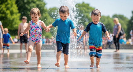 Three happy children holding hands and playing in a sunny splash pad, surrounded by water jets, enjoying summer fun outdoors.