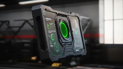 Futuristic device displaying holographic interface in a high-tech gym environment with equipment - Powered by Adobe