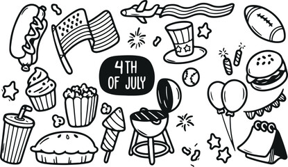 4th of July Celebration Doodle Set – USA, Flag, Fireworks, Hat, Popcorn, American, Independence Day, July 4, Freedom, Liberty, Patriotic, Hand Drawn, Fun, Cartoon, Sketch, Festival