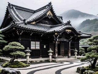 Obraz premium A beautifully preserved traditional Japanese Zen temple featuring black-stained wood construction, ornate roofing, symmetrical stone lanterns, and a peaceful raked gravel garden