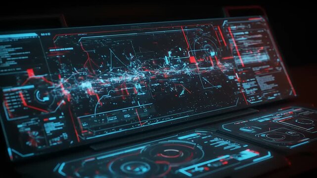 Futuristic digital dashboard displaying complex data visualization with glowing elements and interfaces