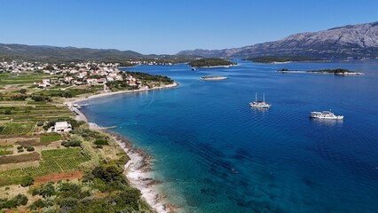 Aerial drone view of boats and ships in the adriatic sea croatia south east europe balkans