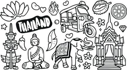 India Culture Doodle Set &ndash; India, Taj Mahal, Auto Rickshaw, Elephant, Traditional Dress, Flag, Culture, Monument, Vector, Travel, Doodle, Hand-Drawn, Heritage, Landmark, Tourism, Indian Icon, Religion