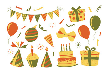 Festive Birthday Elements: Colorful assortment of birthday decorations, including balloons, gift, a cake, party hat, and confetti, perfect for celebratory occasions. 
