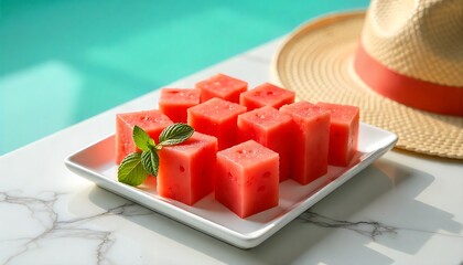  a tray of watermelon cubes with a sprig of fresh mint on a white marble surface, summer refreshing fruit dessert, Watermelon & mint, created with generative ai