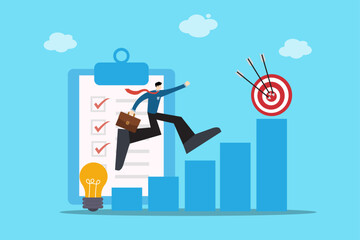 Businessman jumping over bar graph to hit bullseye target with checklist and light bulb, representing business success and goal achievement.