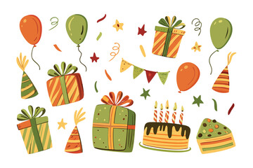 Celebratory Elements for Festive Occasions: A lively assortment of party decorations, gifts, balloons, and cake, creating a vibrant scene of joy and merriment.