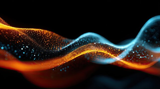 Abstract swirling, wave-like patterns of orange and blue particles against a black background