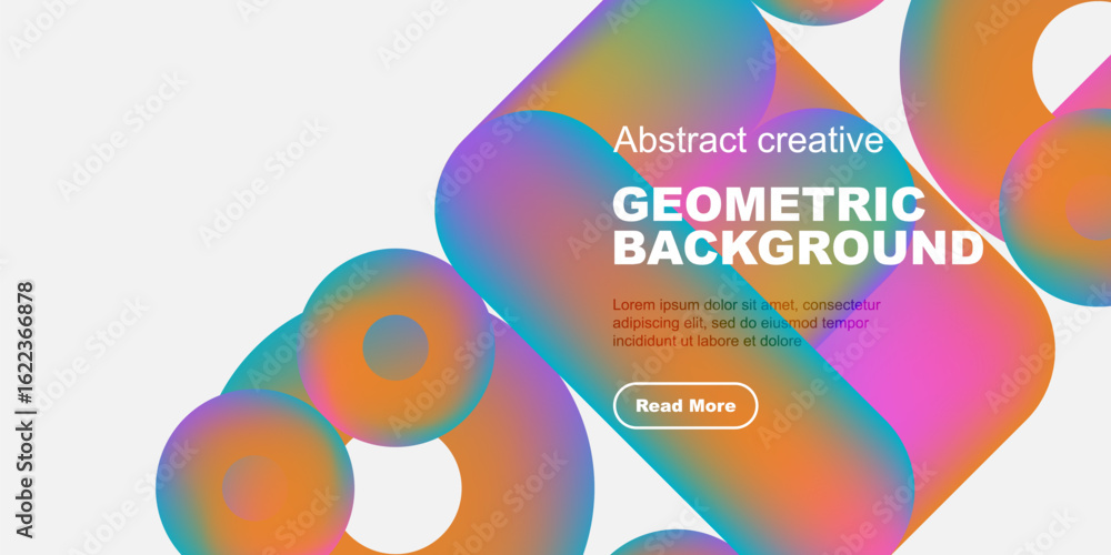 Poster vibrant abstract shapes overlap white space. text promotes geometric background design, includes cal