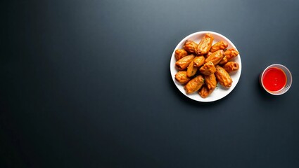 black slate pub food copy space buffalo wings chicken wings spicy food white plate overhead view top down

