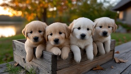 Three golden retriever puppies in a wooden crate