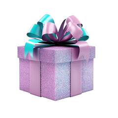 Elegant glittery gift box with beautiful ribbons and a bow isolated on transparent background.