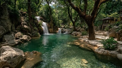 Lush forest pool with waterfall
