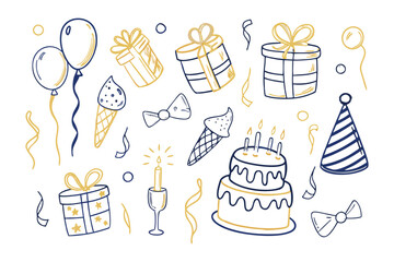 Party Elements in Whimsical Design: A collection of festive party essentials presented in a hand-drawn, playful style, evoking the joy and anticipation of a celebration.