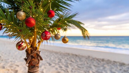 Tropical Christmas: Palm Tree Adorned with Festive Ornaments on a Sunny Beach