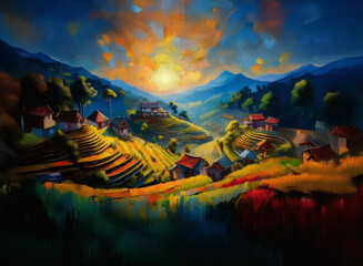 A vivid landscape painting depicts a village nestled in rolling hills as the sun sets, casting a warm glow. Mountains form a majestic background to the tranquil scene.