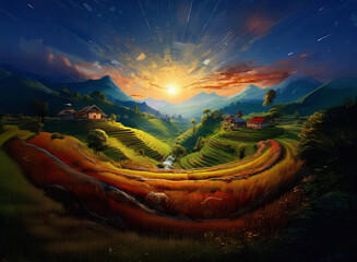 Vibrant landscape with golden fields and rolling hills under a bright sunset sky.  The colorful background features distant mountains and a peaceful valley scene.