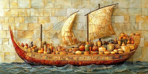 Stylized wall mosaic of ship loaded with amphorae and vessels, featuring geometric sails and decorative flags. Generative by AI.