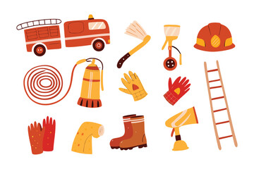 Firefighter's Tools: A colorful and detailed illustration of essential firefighter's tools, each object represents a vital aspect of the job, with each tool ready for any emergency situation.