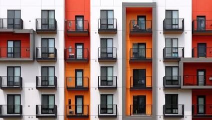 Multi-level apartment building facade with alternating white, orange, and gray panels.  Balconies and windows are visible