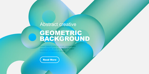Abstract geometric background features flowing shapes, vibrant turquoise hues, text, button. Modern design for websites, presentations.