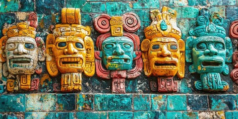 Close-up of colorful stone carvings of stylized human faces with geometric patterns and bold outlines on weathered wall. Generative by AI.