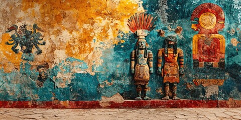 Close-up of colorful stone carvings of stylized human faces with geometric patterns and bold outlines on weathered wall. Generative by AI.