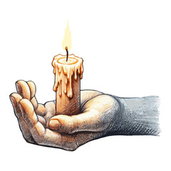 Hand holding lit candle in warm glow, softly lit candle in open palm, candlelight in sketchy hand.