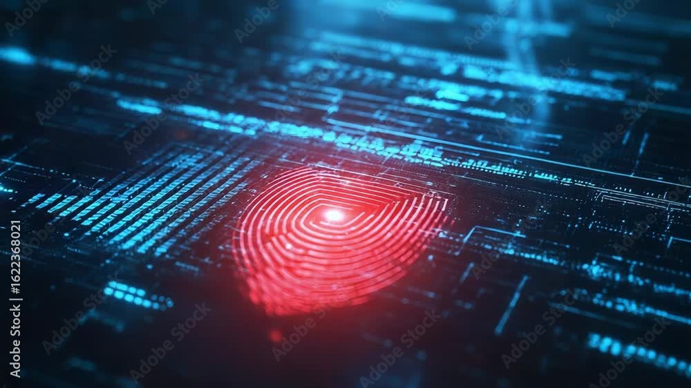 Poster glowing fingerprint scanning on digital circuit board for identity verification