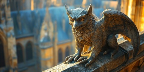 Gargoyle with wings and textured body crouches on stone ledge of Gothic building with blurred background. Generative by AI.