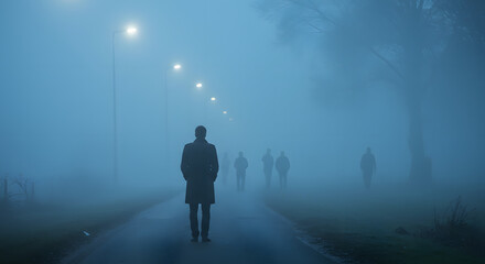 Silhouetted Person Walking in Foggy Park at Night with Street Lights in Blue Tones