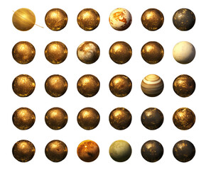 Assorted collection of gold and multicolored planet orbs arranged creatively on a white surface on transparent background